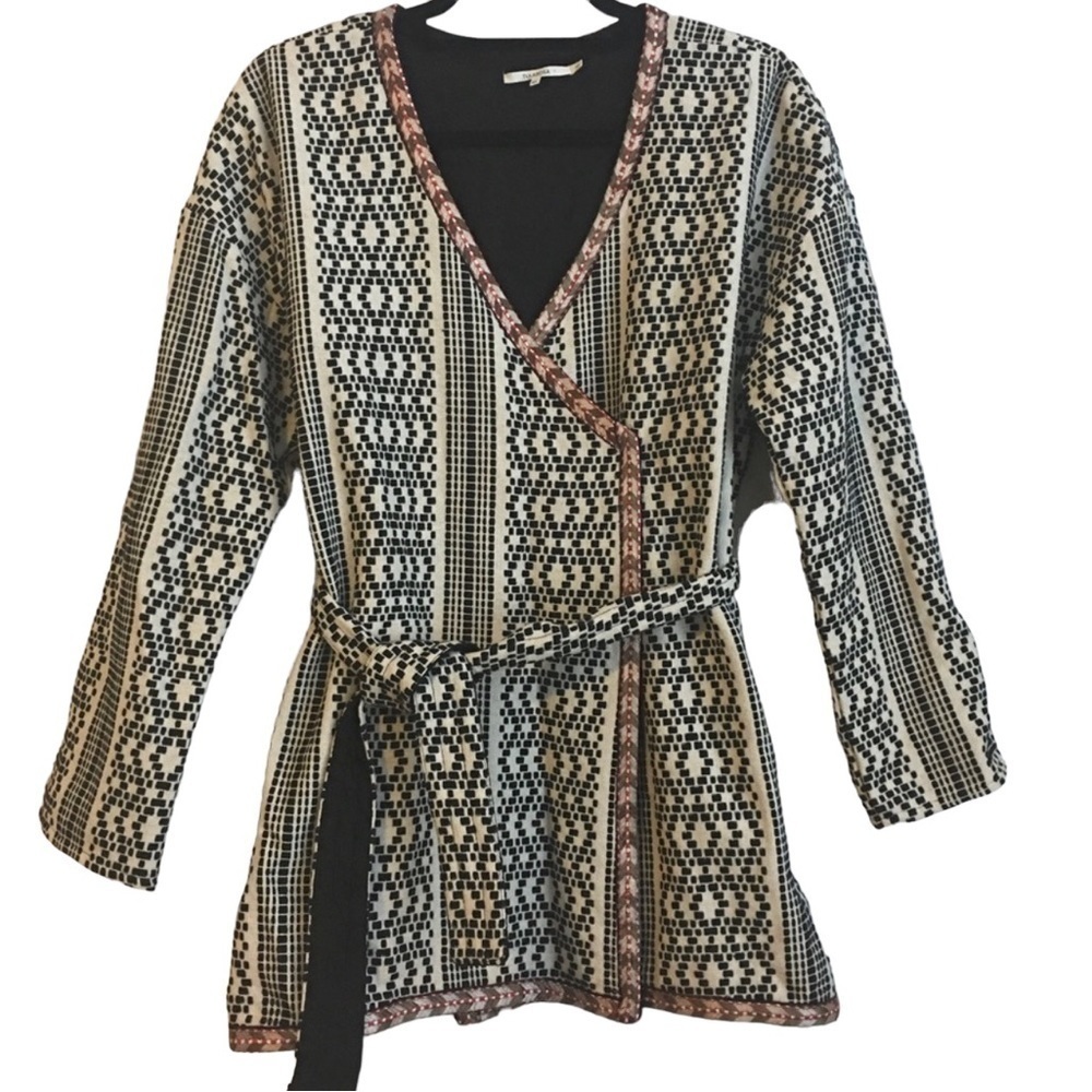 Tularosa Women’s Belted Pattern Jacket Size Medium Cream Red Black V Neck